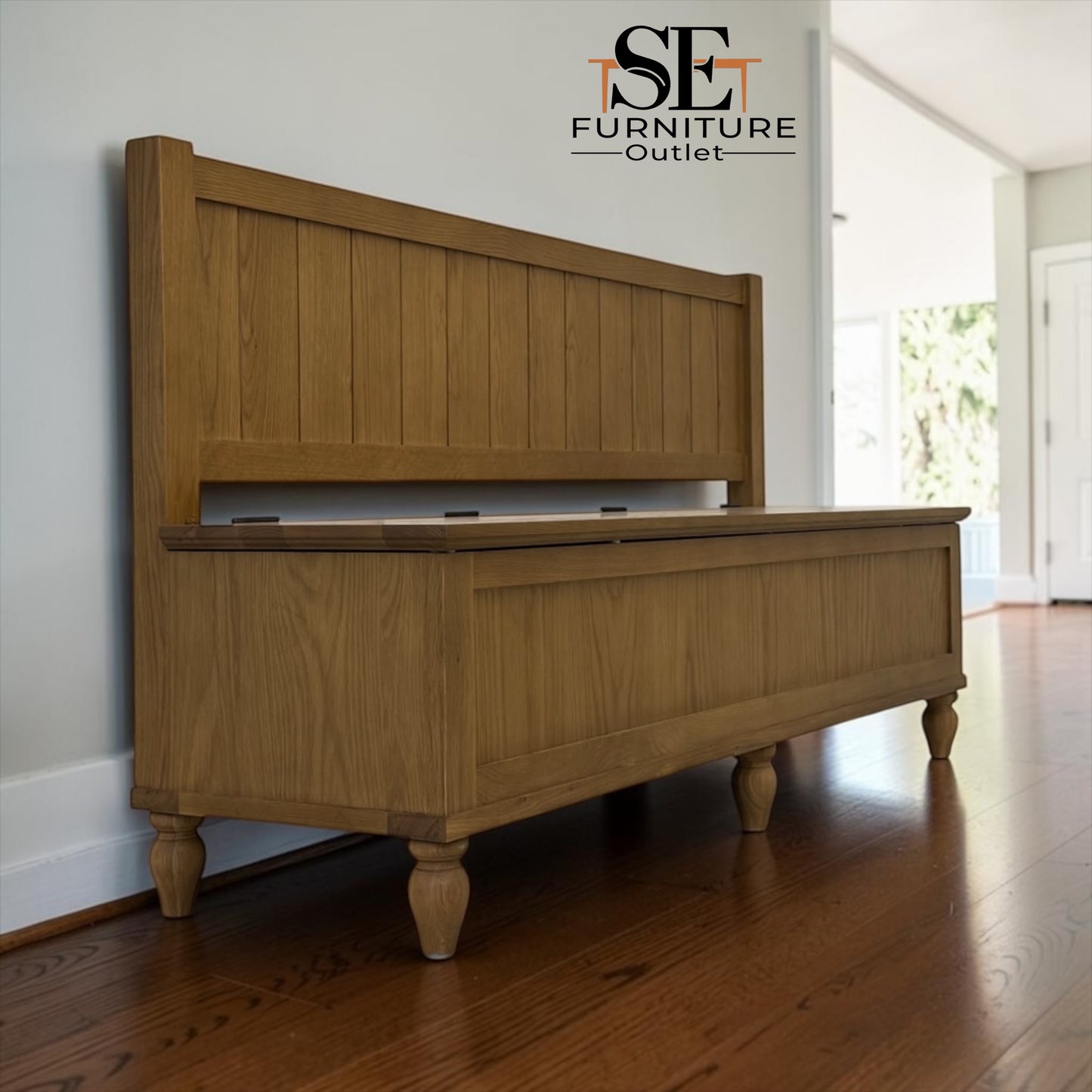 Solid Oak Top & Quality Oak Veneer Base Monks Bench with Storage, Elkstone Mellow Oak Range RRP £699