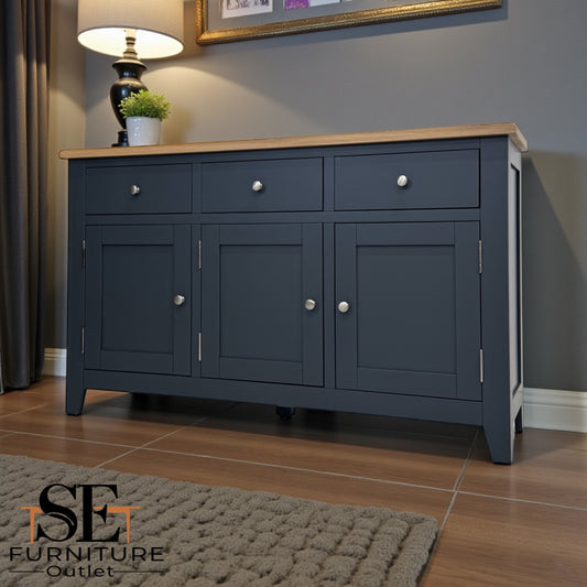White Wax Finished Quality Oak Top & Solid Wood Frames Sideboard, Chester Charcoal Range RRP £650