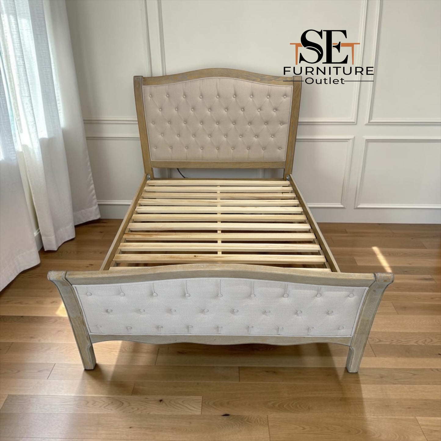 Grey-toned Limewashed Finish Solid Oak Frame Buttoned 5ft King Size Bed, Camille Range RRP £1499