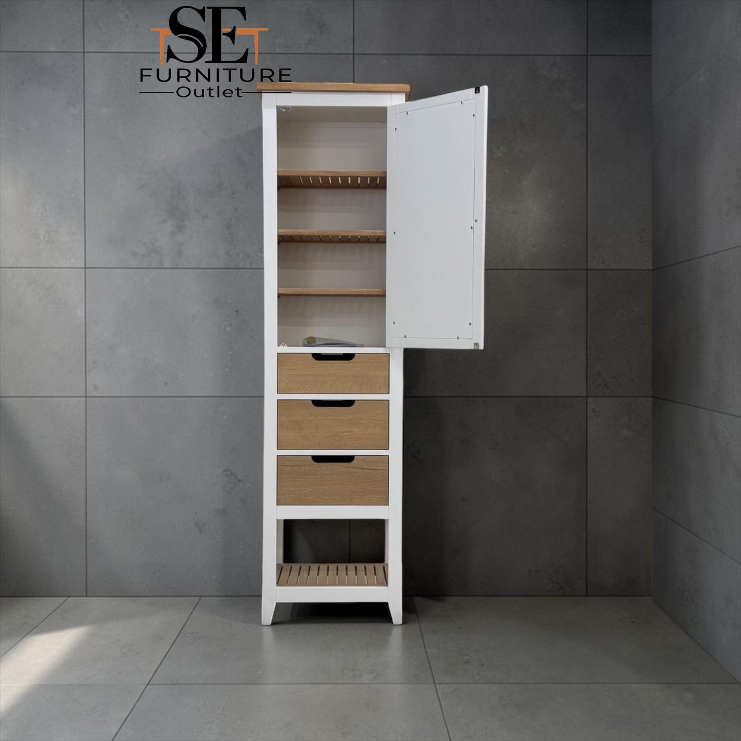 Oak & Solid Wood Frames Bathroom High Cabinet, Chester Pure white Range RRP £550