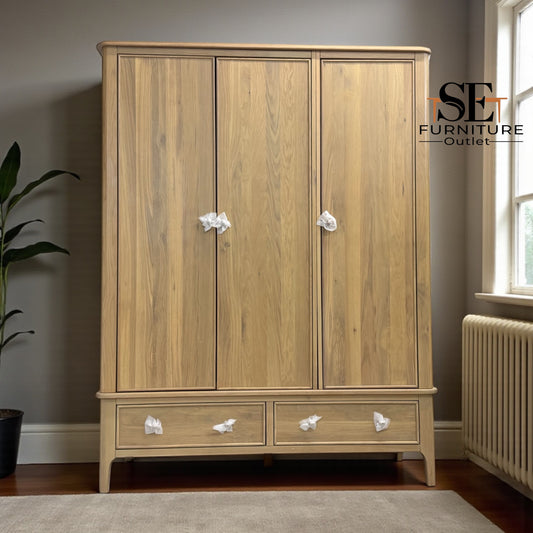 Light Natural Solid Oak Triple Wardrobe with Full-Size Mirror, Newton Range From Oak Furnitureland RRP £1599