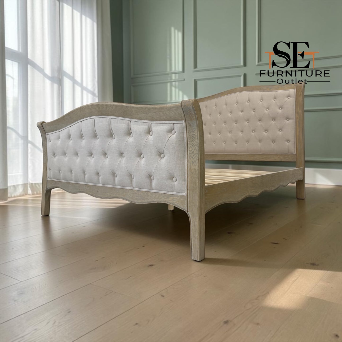 Grey-toned Limewashed Finish Solid Oak Frame Buttoned 5ft King Size Bed, Camille Range RRP £1499