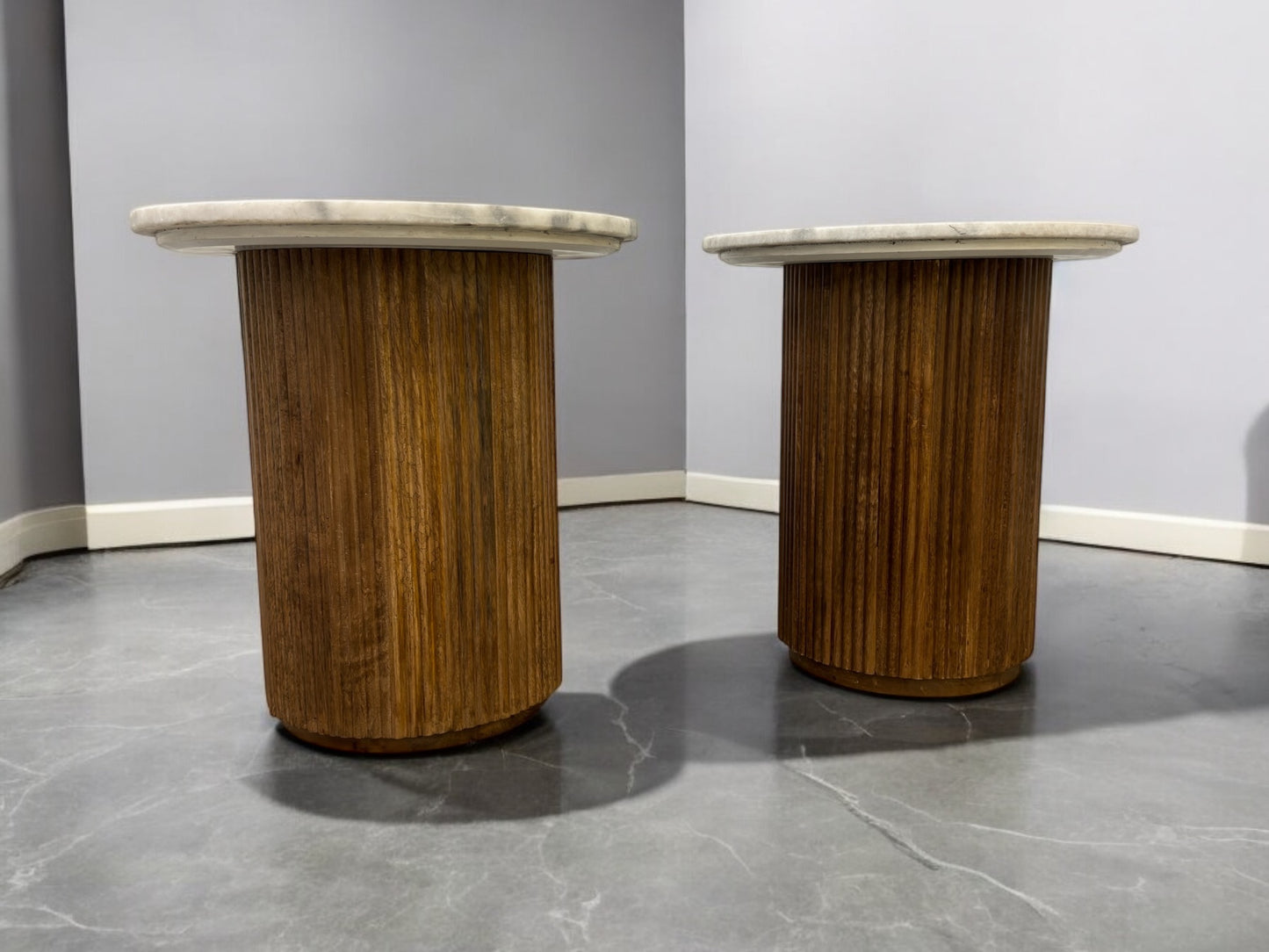 Solid Mango Wood Fluted Base & White Marble Top Side Tables