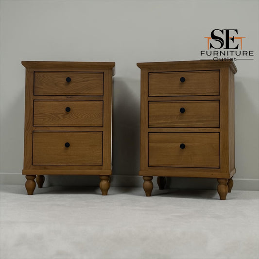 Set of 2 Solid Oak & Oak Veneer 3 Drawer Bedside Tables, Elkstone Mellow Oak Range, RRP £558