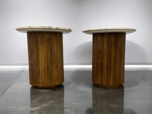 Solid Mango Wood Fluted Base & White Marble Top Side Tables