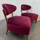 Pair Of Crimson Velvet Fabric Casual Chairs With Solid Oak Frame