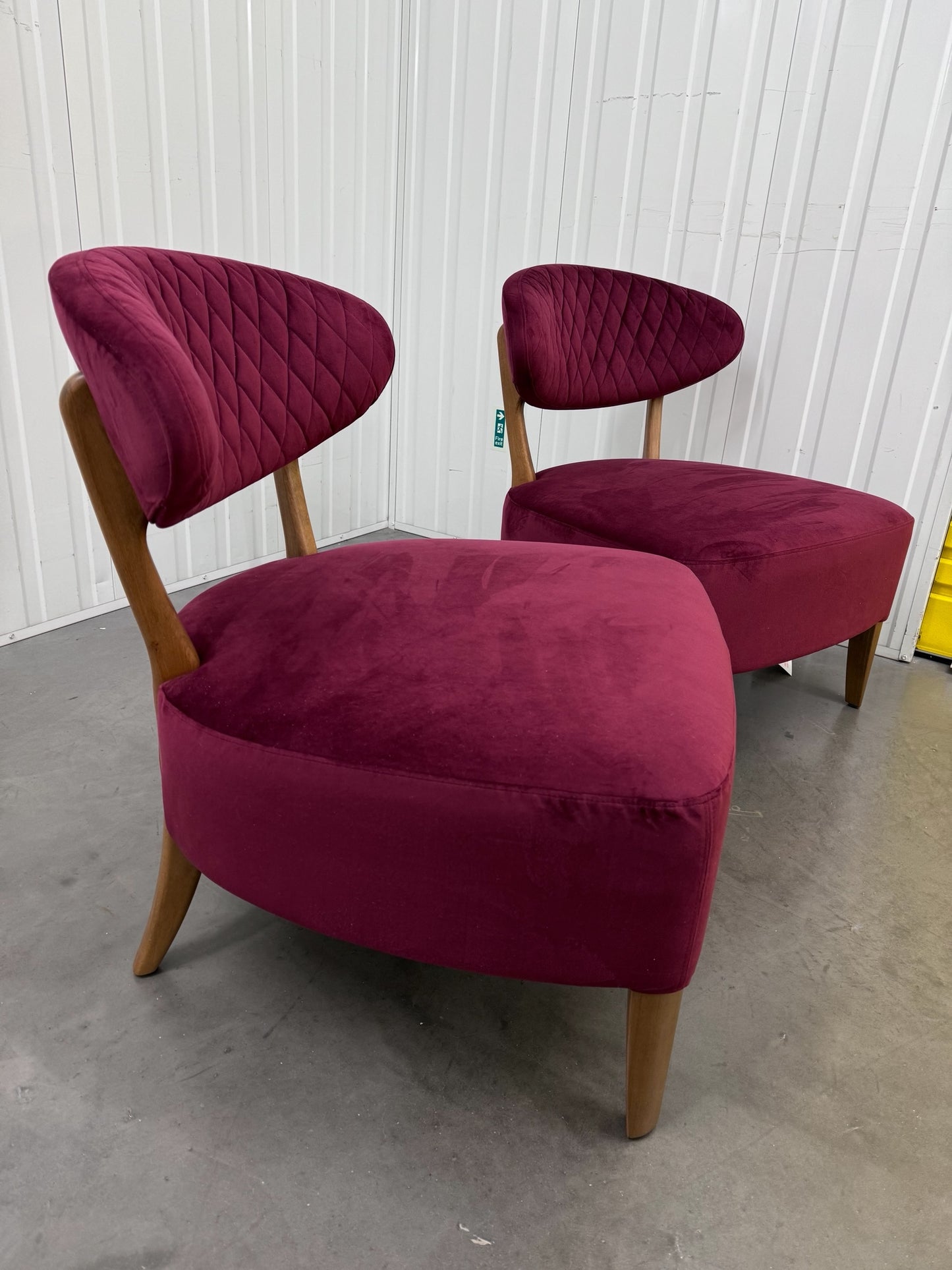 Pair Of Crimson Velvet Fabric Casual Chairs With Solid Oak Frame