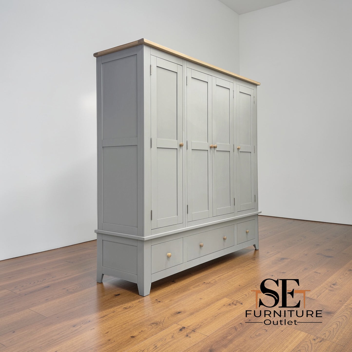Solid Oak Top & Solid Wood Frames Quad Wardrobe, Chester Dove Grey Range RRP £1799