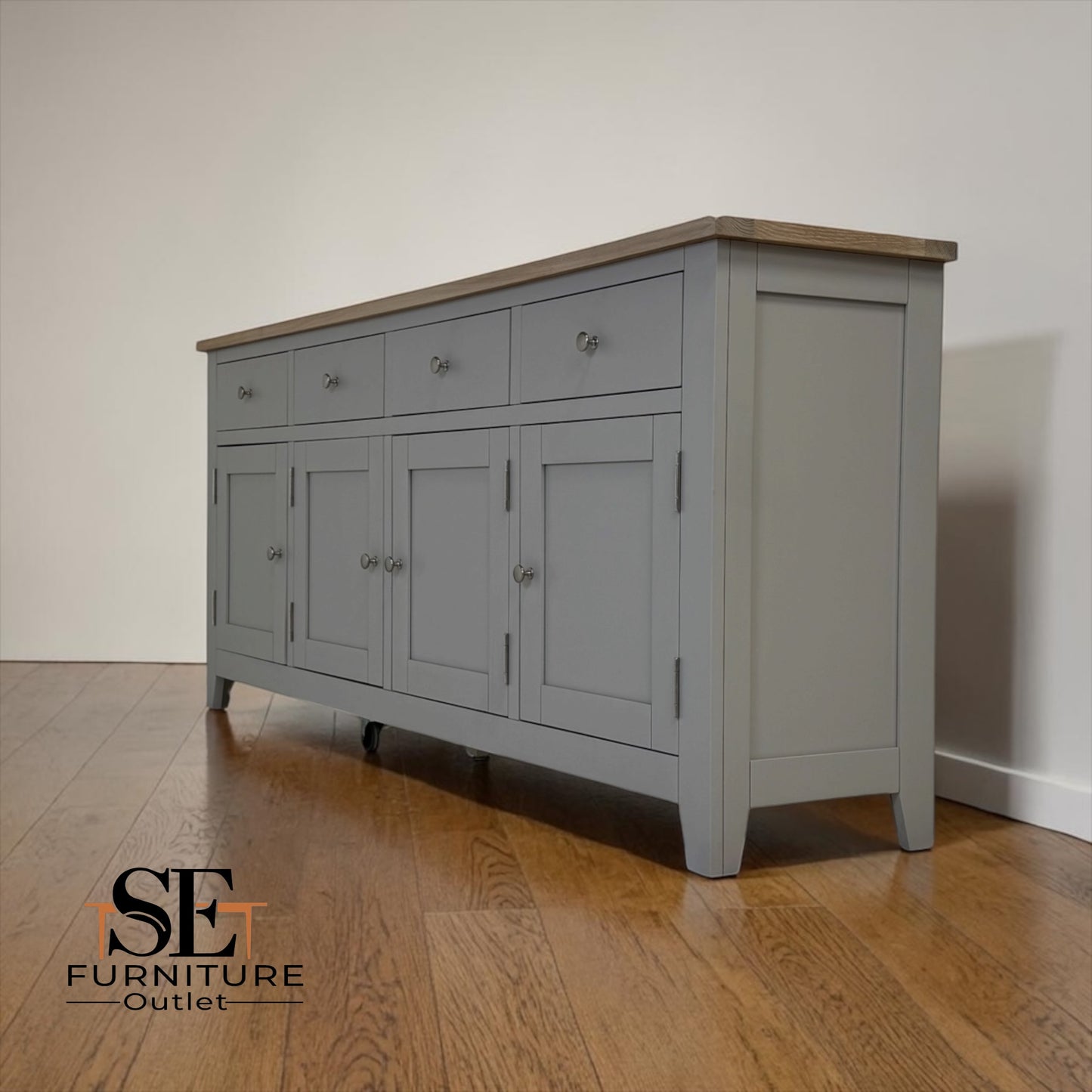 White Wax Finished Oak Top & Solid Wood Frames Extra Large Sideboard, Chester Dove Grey Range RRP £899