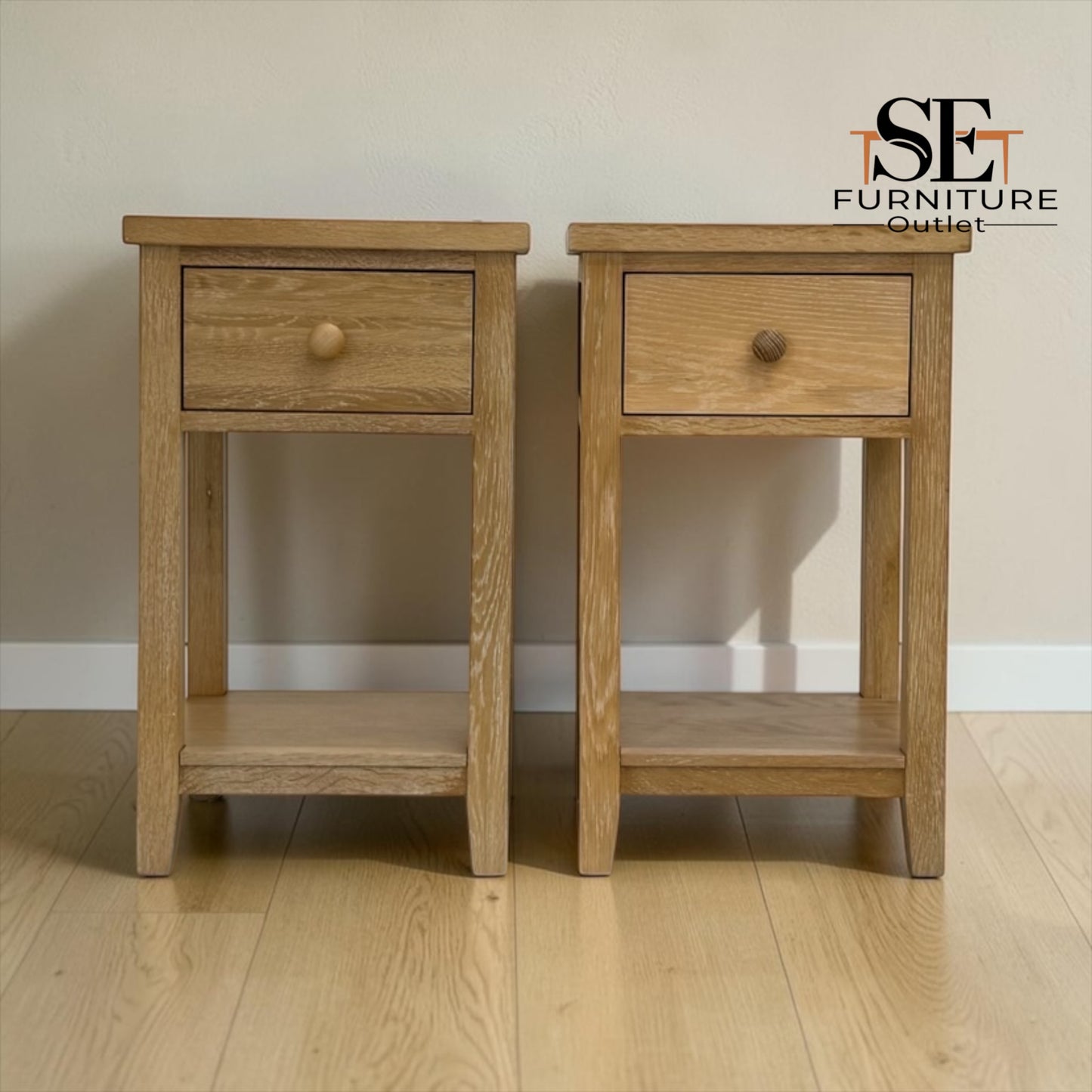 Set of 2 Whitewashed Finish Solid Oak & Oak Veneer 1 Drawer Bedside Tables, Inglesham Range RRP £398