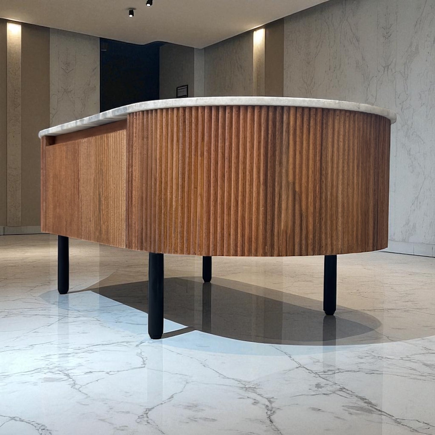 Solid Mango Wood Fluted Base & Natural White & Grey Mottled Marble Top Coffee Table
