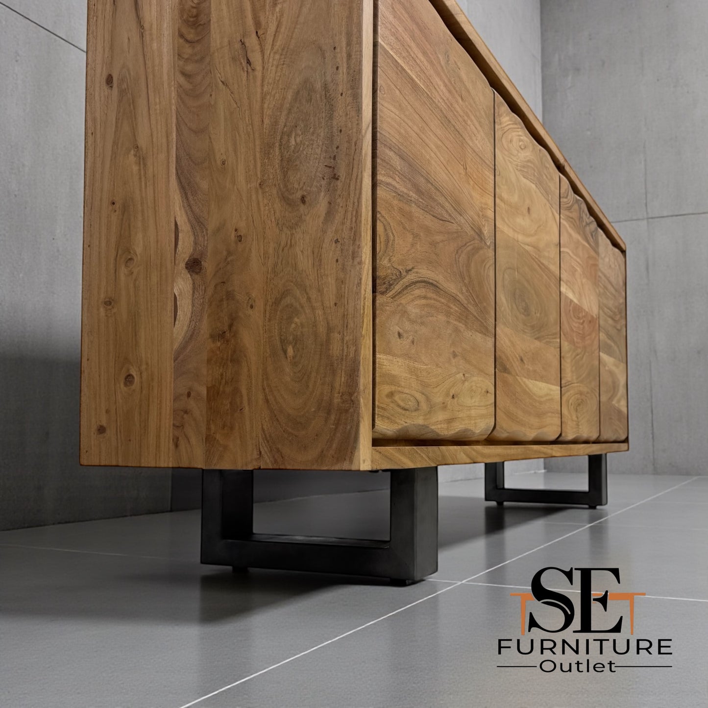 Chunky Solid Acacia Wood Live Edge 4-Door Extra Large Sideboard with Gun Metal Legs RRP £1299
