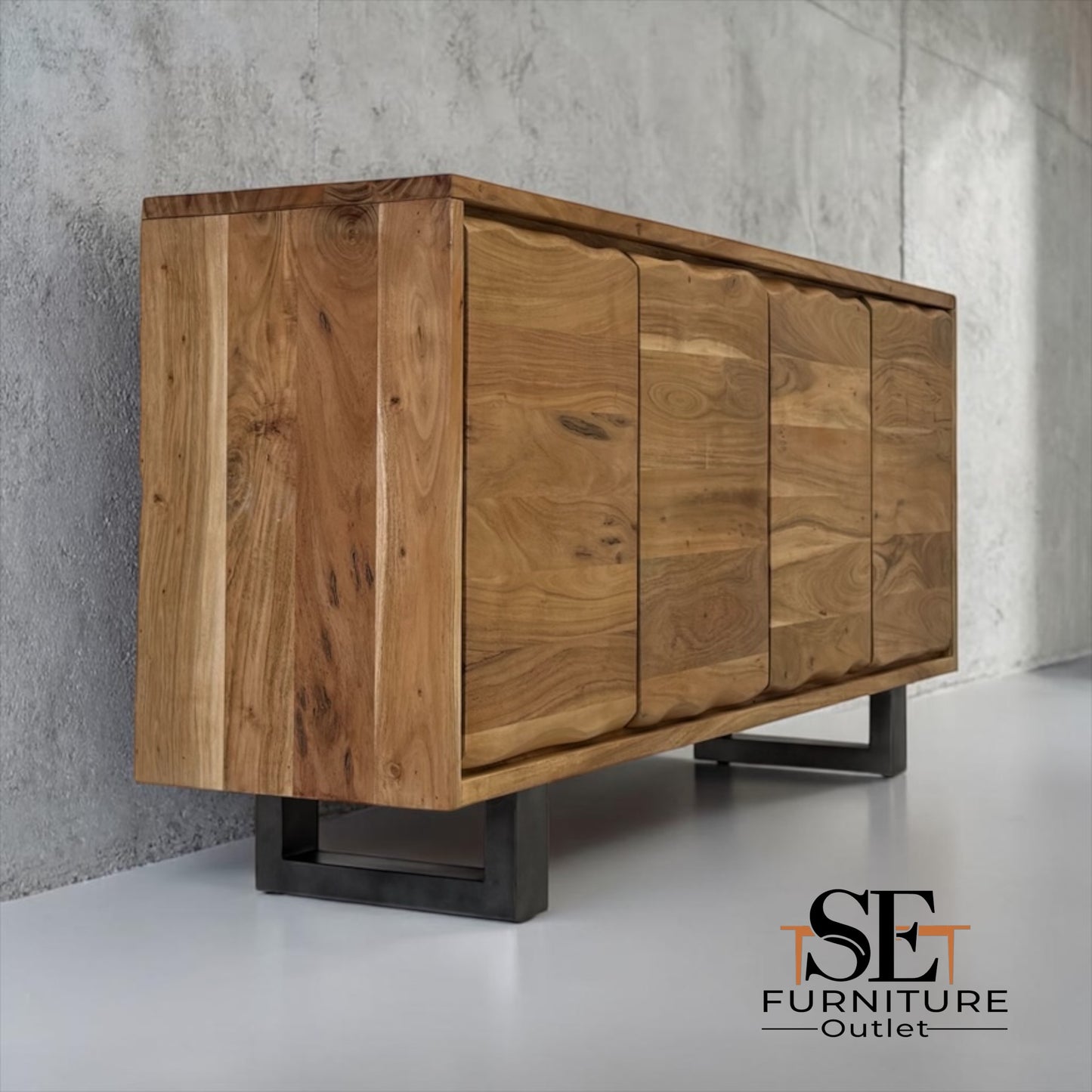 Chunky Solid Acacia Wood Live Edge 4-Door Extra Large Sideboard with Gun Metal Legs RRP £1299