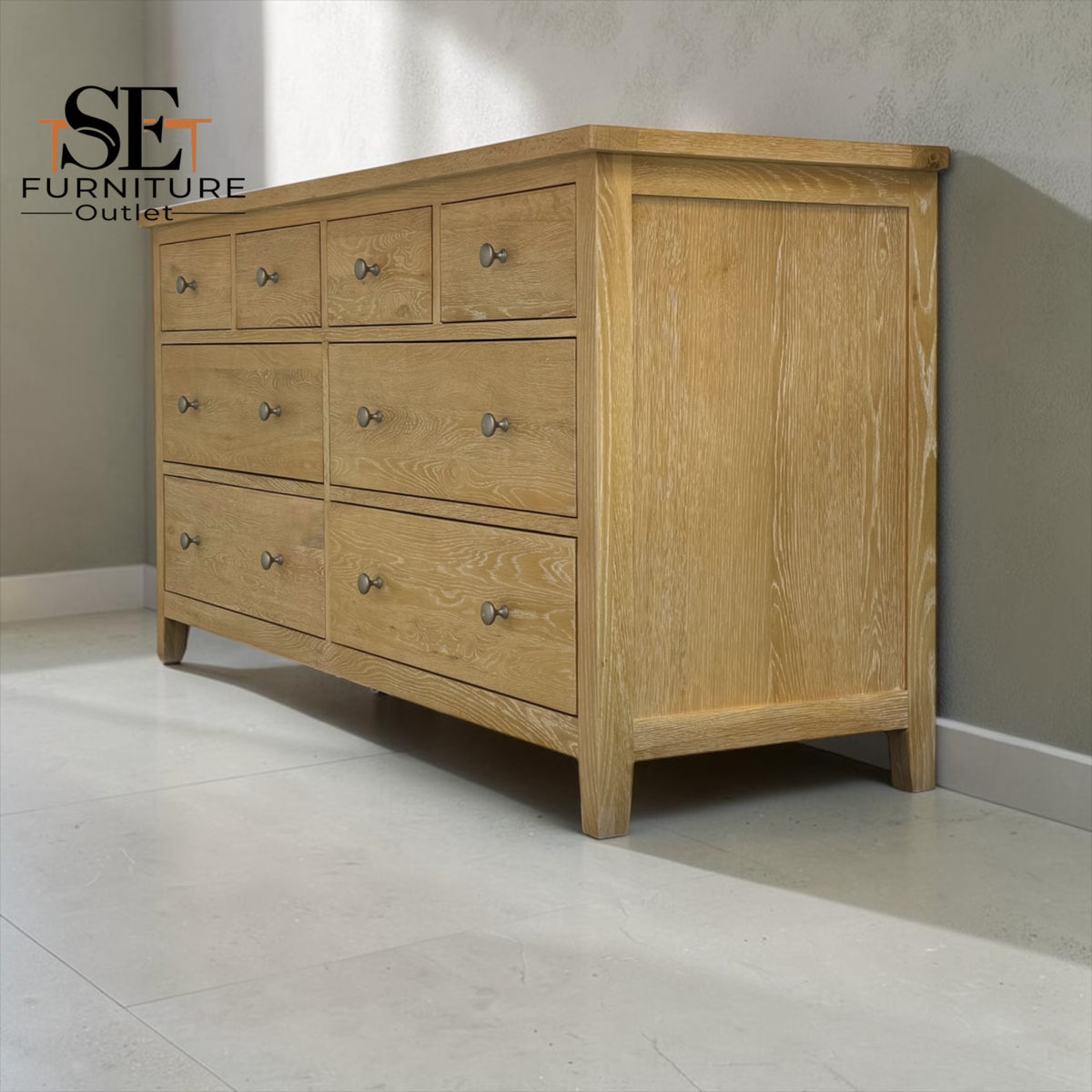 Whitewashed Finish Solid Oak & Oak Veneer 8 Drawer Wide Chest, Inglesham Range, RRP £850