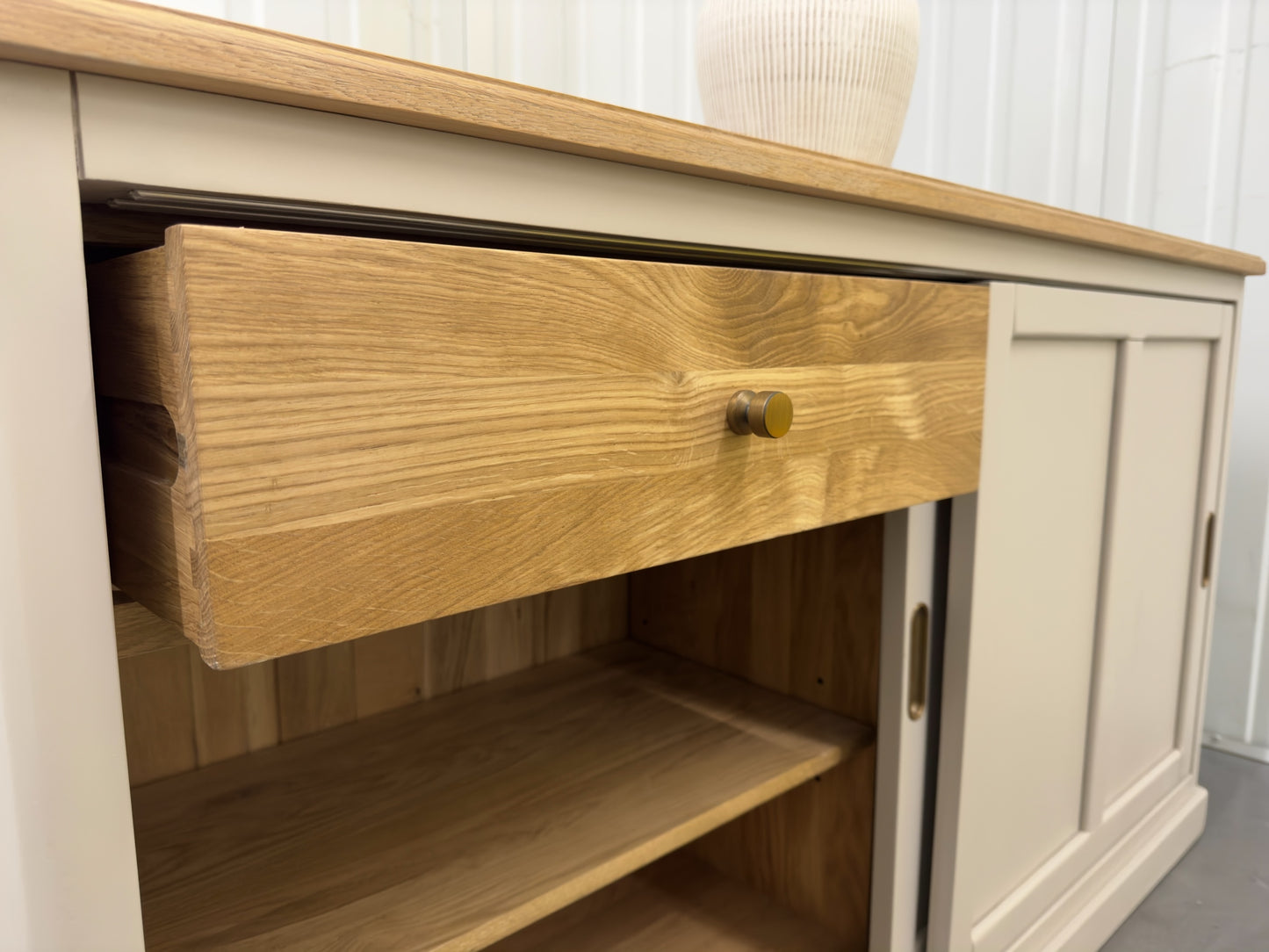 Oak Furnitureland Oak Top & Grey Painted Sideboard with Brass Coloured Hardware Henley Range RRP £649