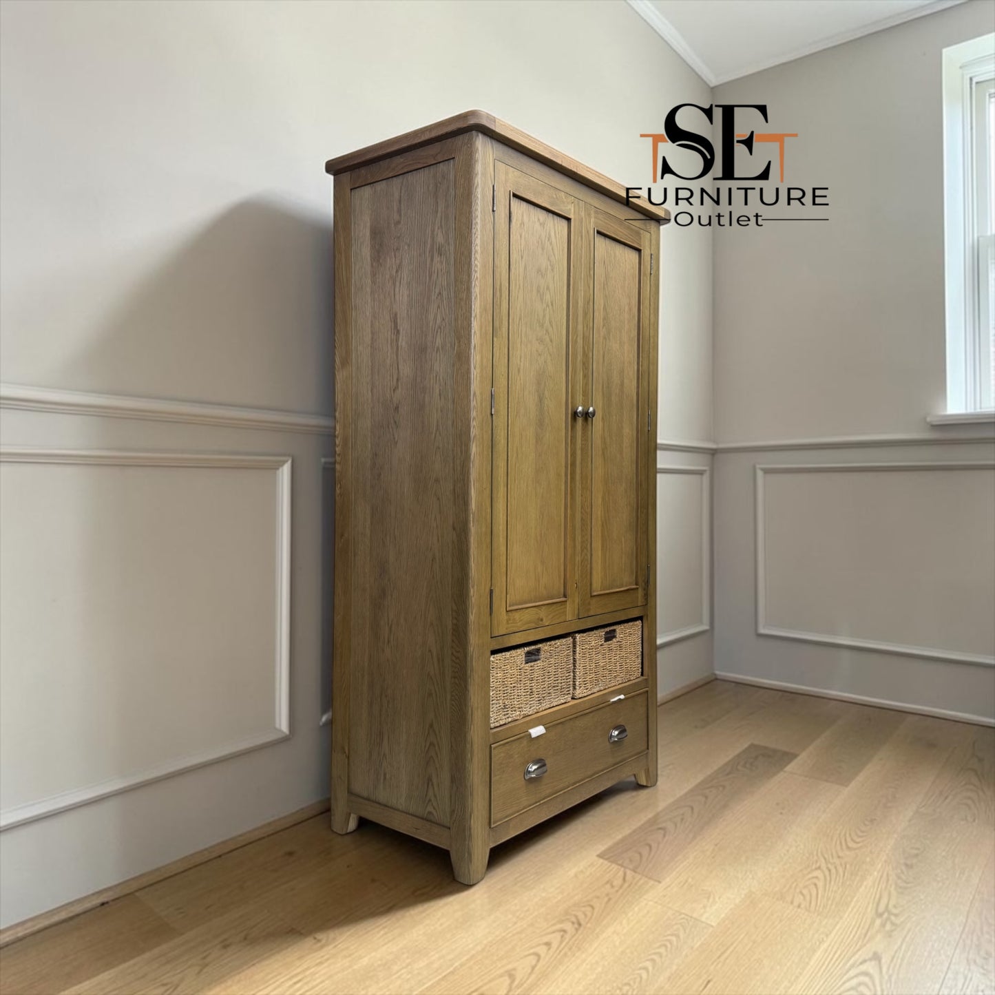 Chunky Smoked Solid Oak Double Larder with Rounded Corners and Storage Baskets, RRP £1299