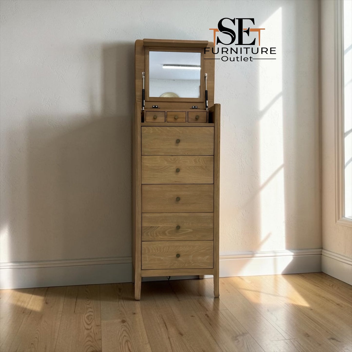 White Wax Finished Solid Oak & Oak Veneer Vanity Tallboy, Berkeley Nordic Oak Range RRP £799