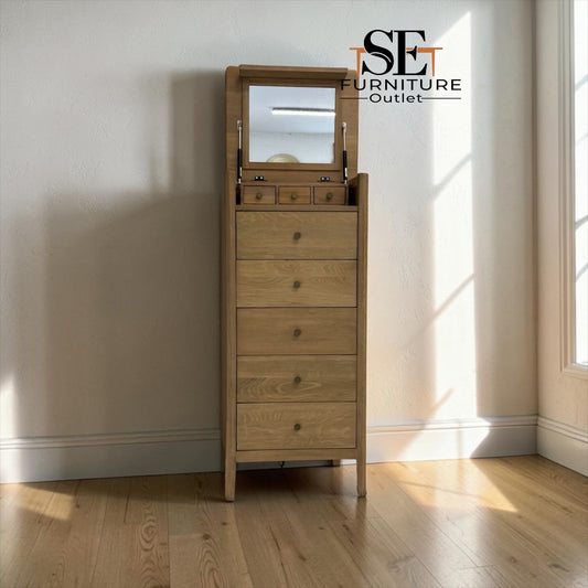 White Wax Finished Solid Oak & Oak Veneer Vanity Tallboy, Berkeley Nordic Oak Range RRP £799