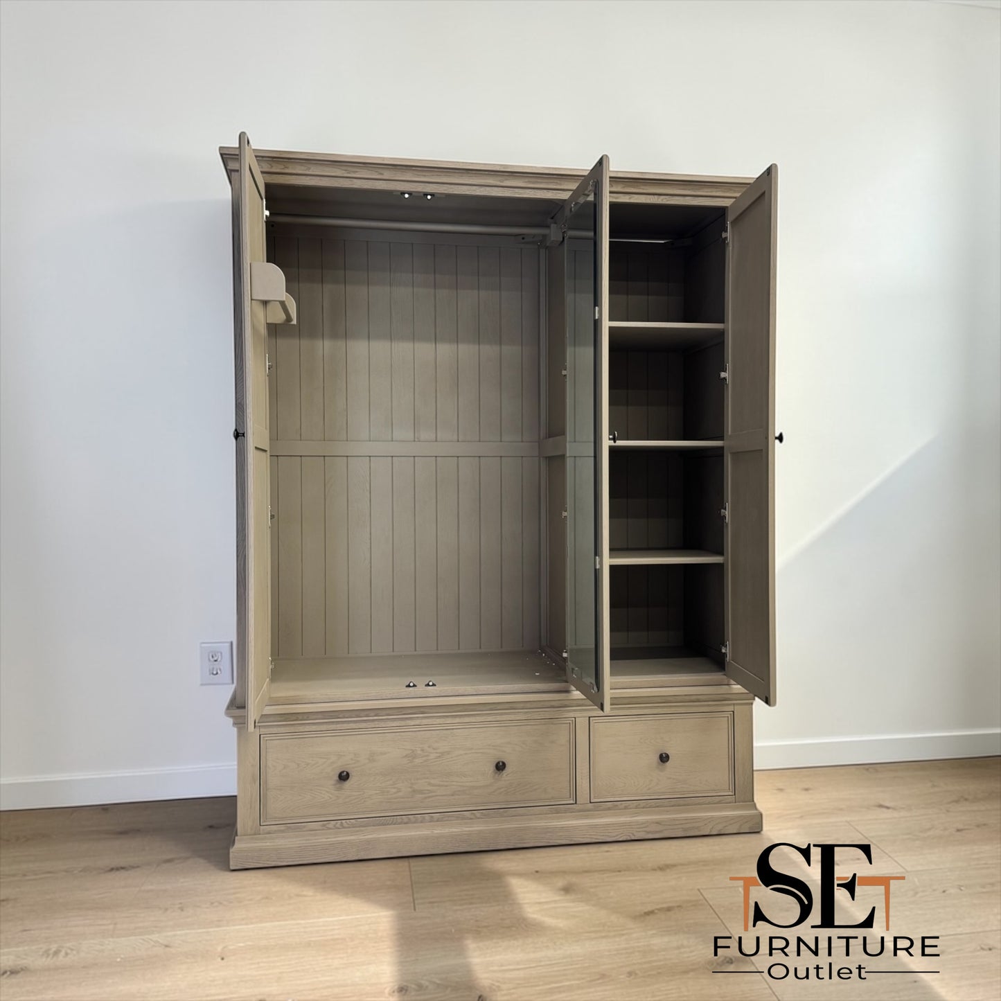 Weathered Oak Triple Wardrobe with Glass Mirror & Shelves, Burleigh Range From Oak Furnitureland RRP £1769
