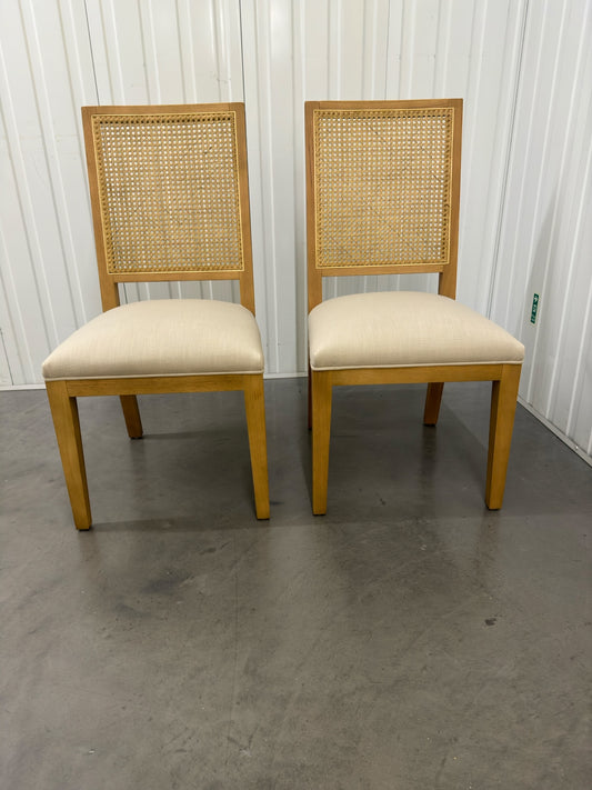 Oak & Rattan Back Chair with Fabric Covered Padded Seat, Set of 2