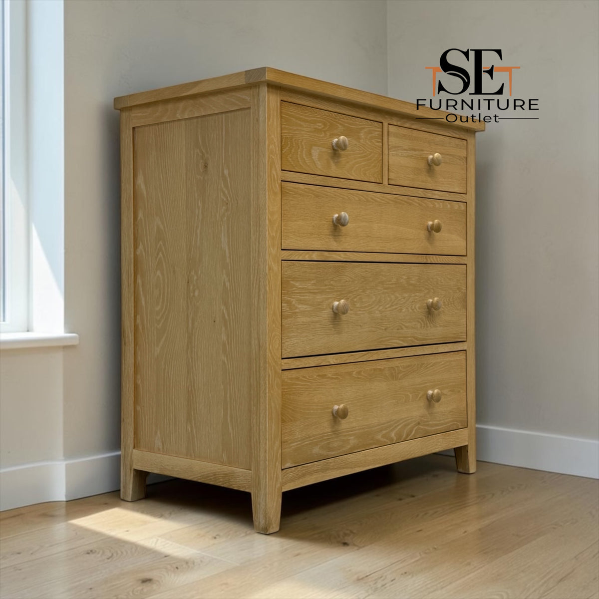 Whitewashed Finish Solid Oak & Quality Oak Veneer 5 Drawer Chest, Inglesham Range, RRP £599