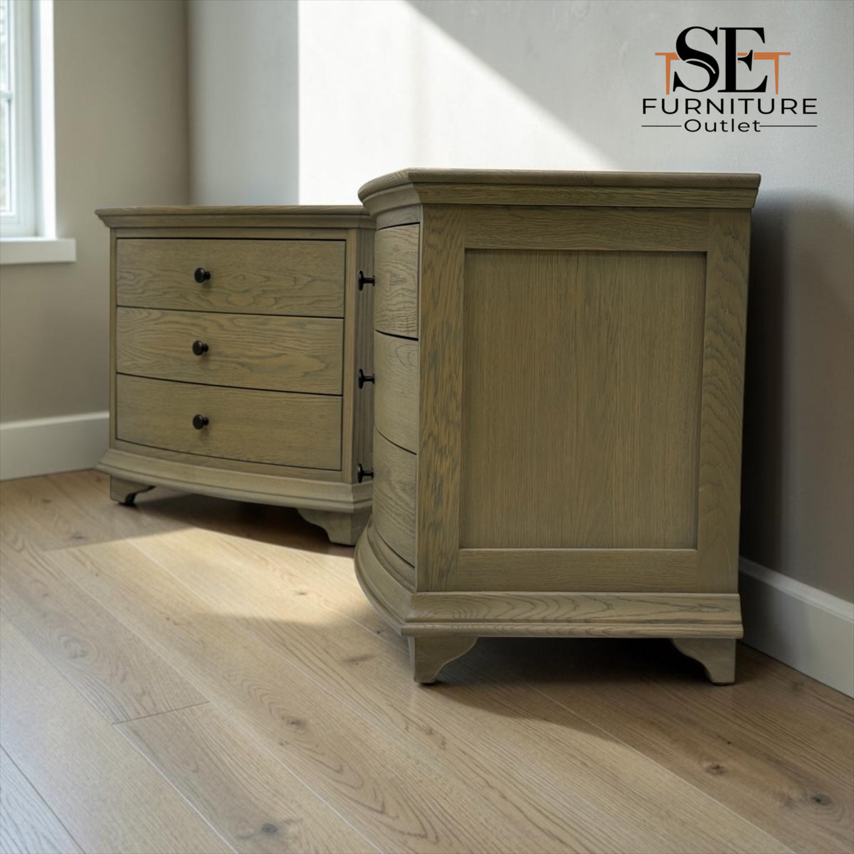 Set of 2 Solid Oak & Oak Veneer Wide Bedside Tables from the Winchcombe Smoked Oak Range, RRP £998