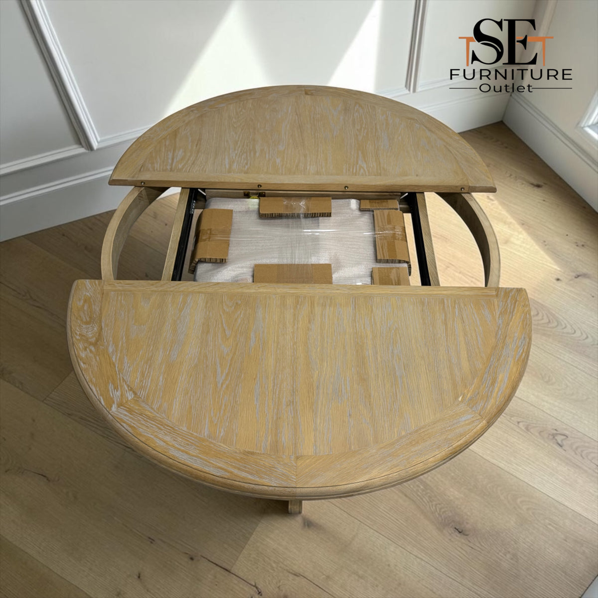 Grey-toned Limewashed Finish Solid Oak and Oak Veneer 4-6 Seater Extending Round Dining Table, Camille Range RRP £1399