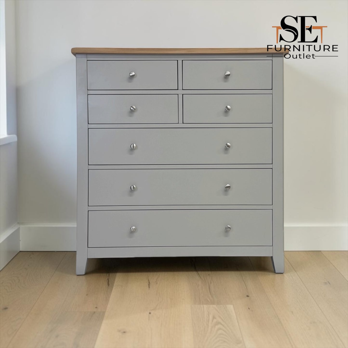 Solid Oak Top & Solid Wood Frames 7 Drawer Chest, Chester Dove Grey Range RRP £799