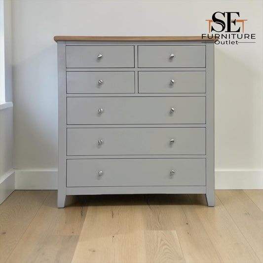 Solid Oak Top & Solid Wood Frames 7 Drawer Chest, Chester Dove Grey Range RRP £799