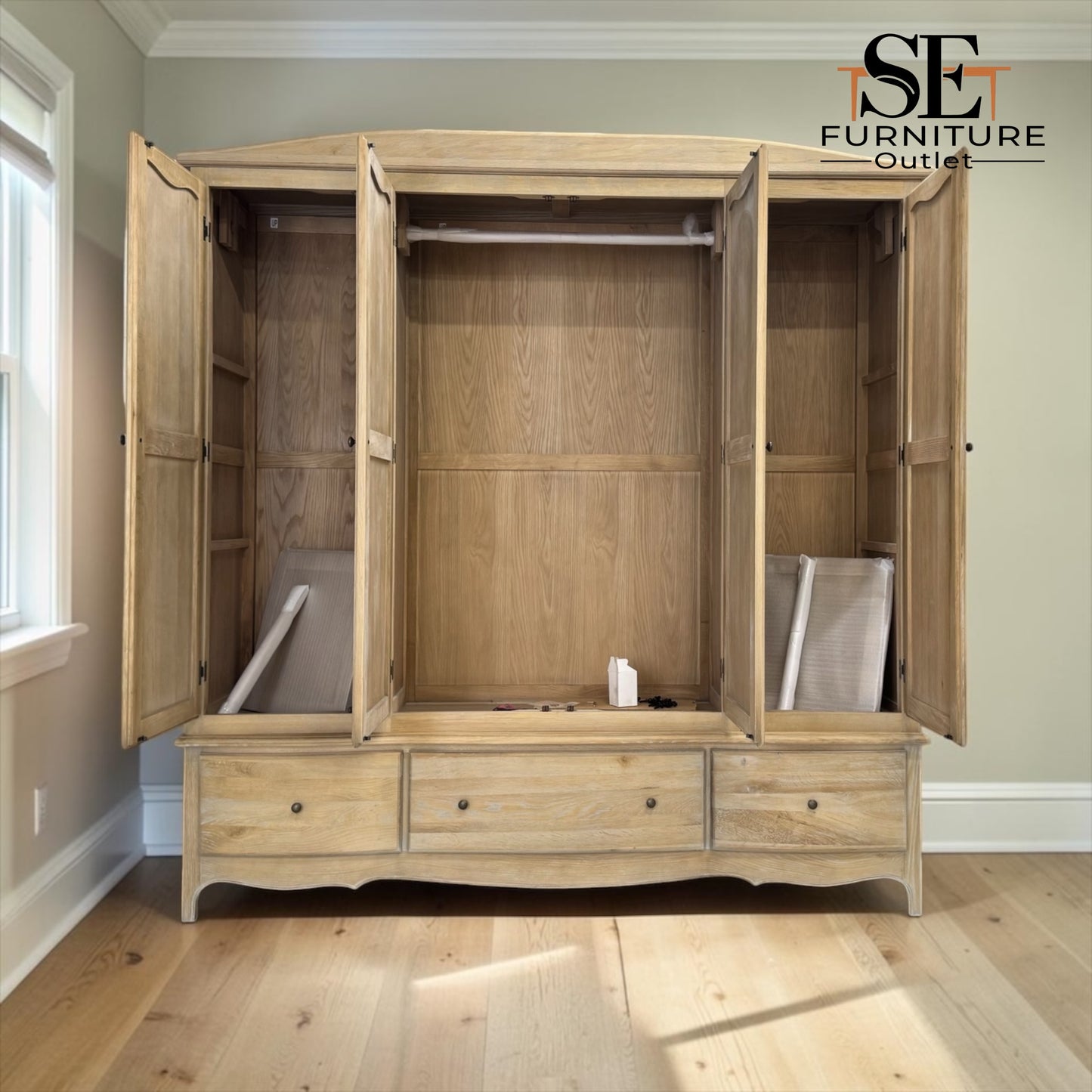 Grey-toned Limewashed Finish Solid Oak & High-Quality Oak Veneer Quad Wardrobe, Camille Range RRP £2400