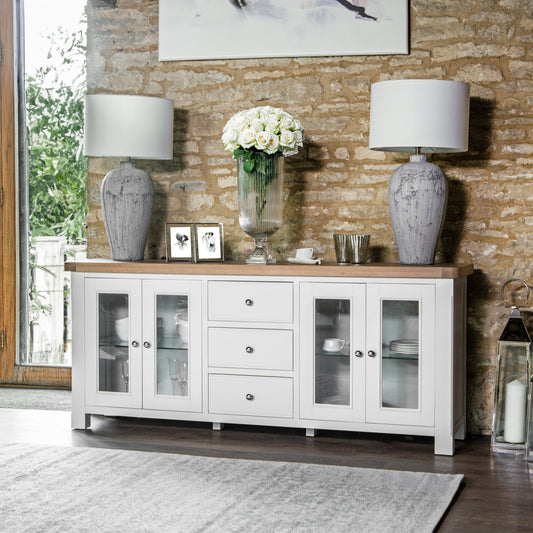 White Washed Oak Top 4-Door Sideboard with Glass Doors and Glass Shelves