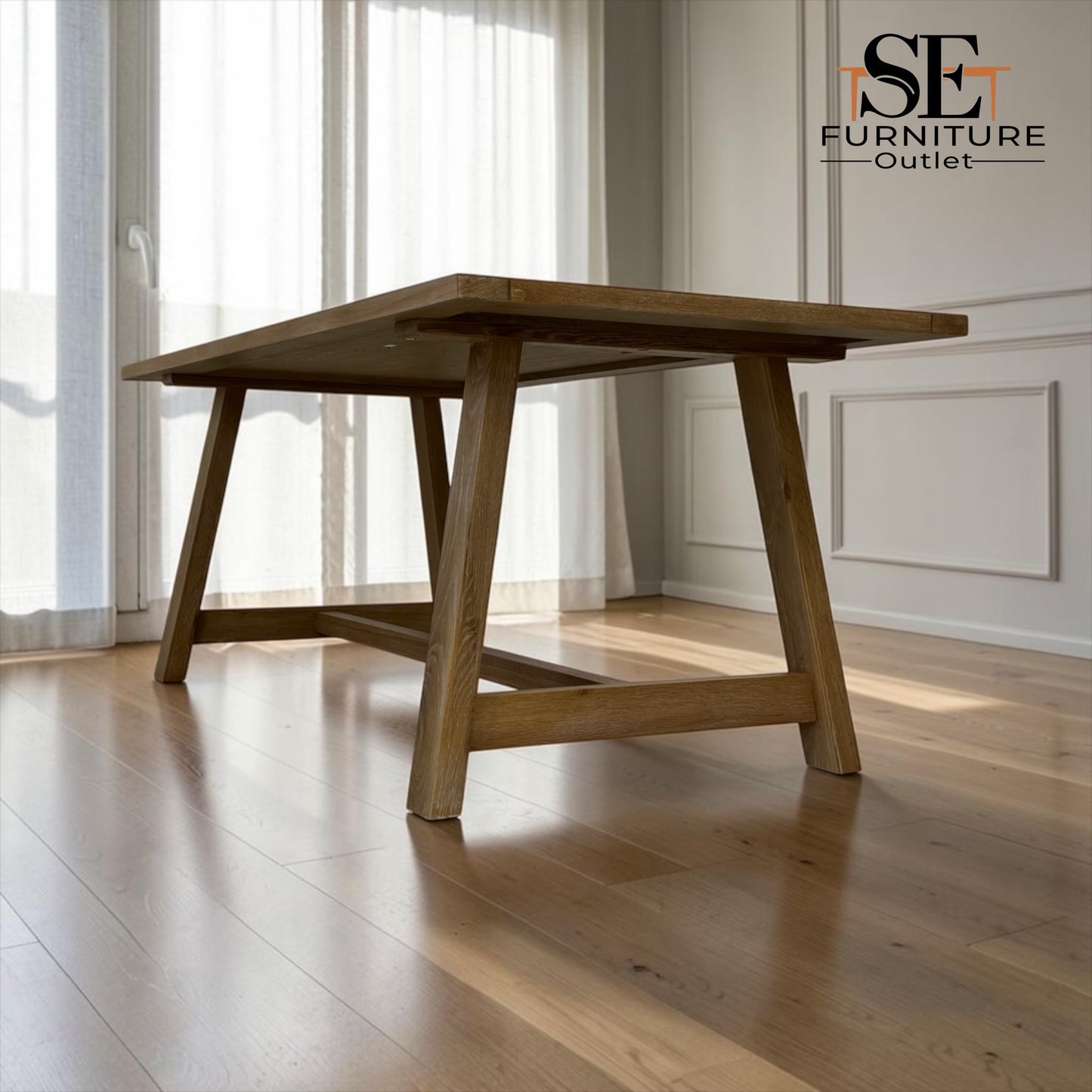 Solid Oak & Quality Oak Veneer 6 Seater Trestle Dining Table with Whitewash Finished, Inglesham Range RRP £699