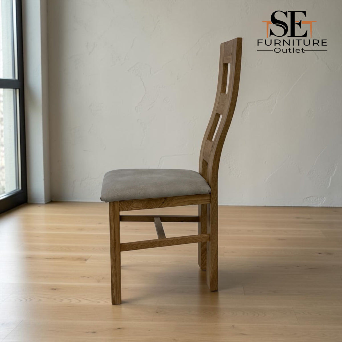 Set of 6 Natural Solid Oak Dining Chairs with Dappled Beige Fabric Seat Pads, Wave Range by Oak Furnitureland RRP £240 Each