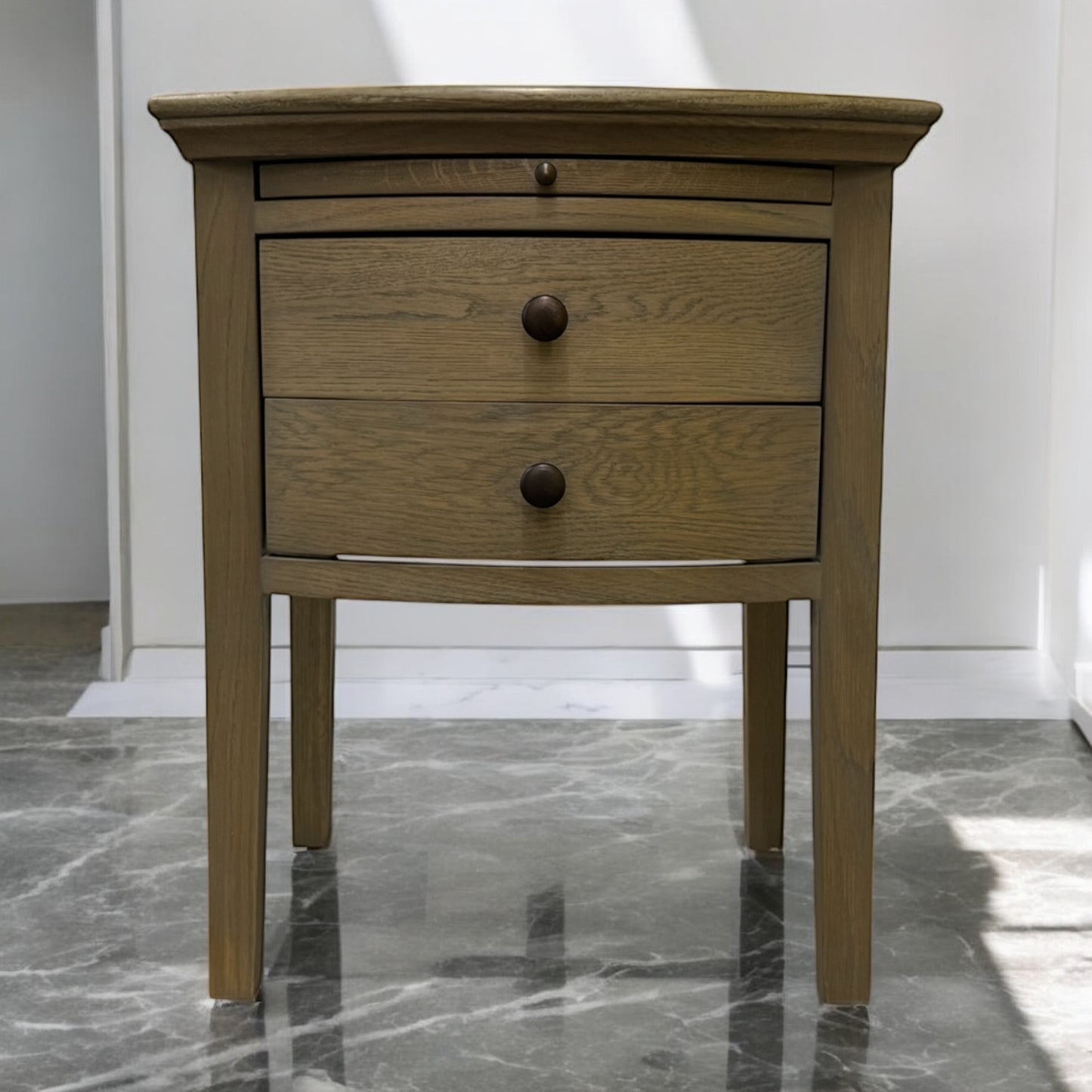 Cotswold Company Solid Smoked Oak 2 Drawer Bow Fronted Bedside Table With Pull-out Tray RRP £299