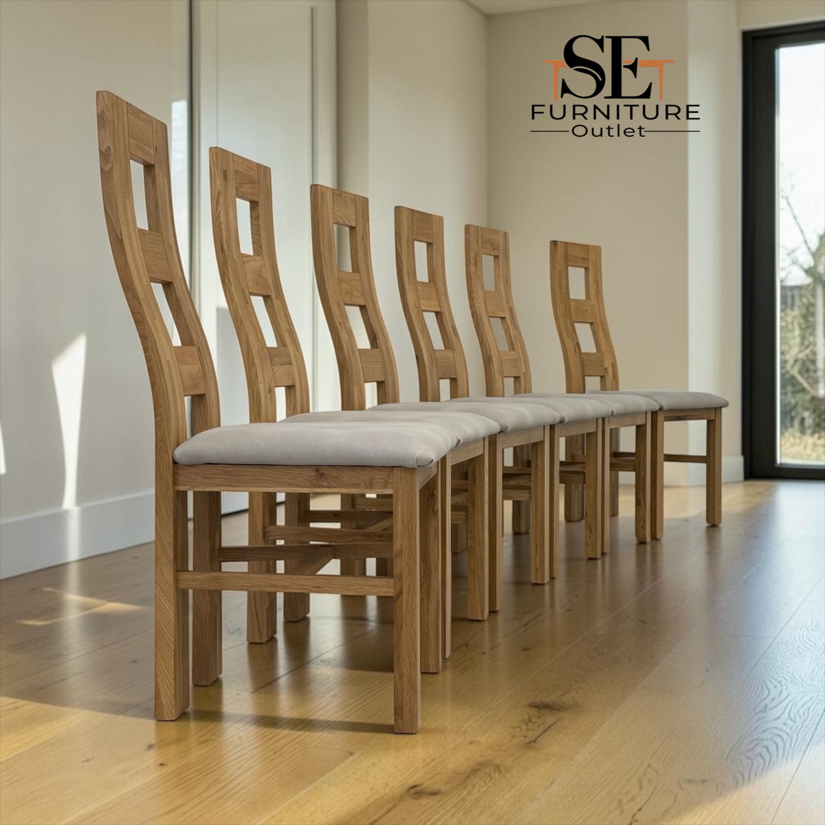 Set of 6 Natural Solid Oak Dining Chairs with Dappled Beige Fabric Seat Pads, Wave Range by Oak Furnitureland RRP £240 Each