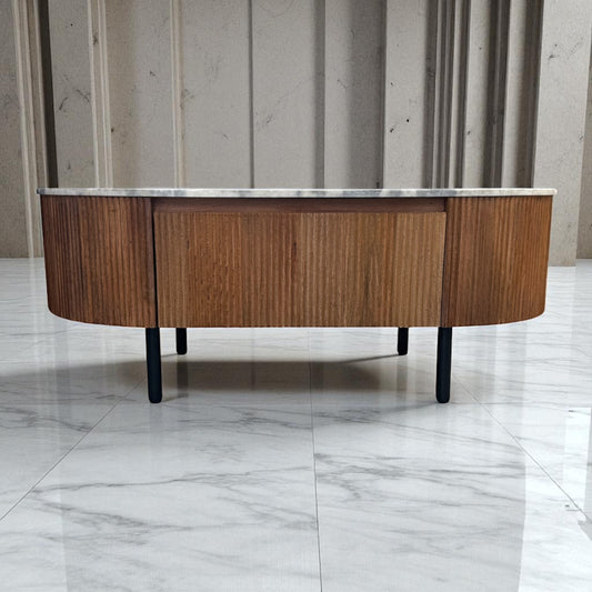 Solid Mango Wood Fluted Base & Natural White & Grey Mottled Marble Top Coffee Table