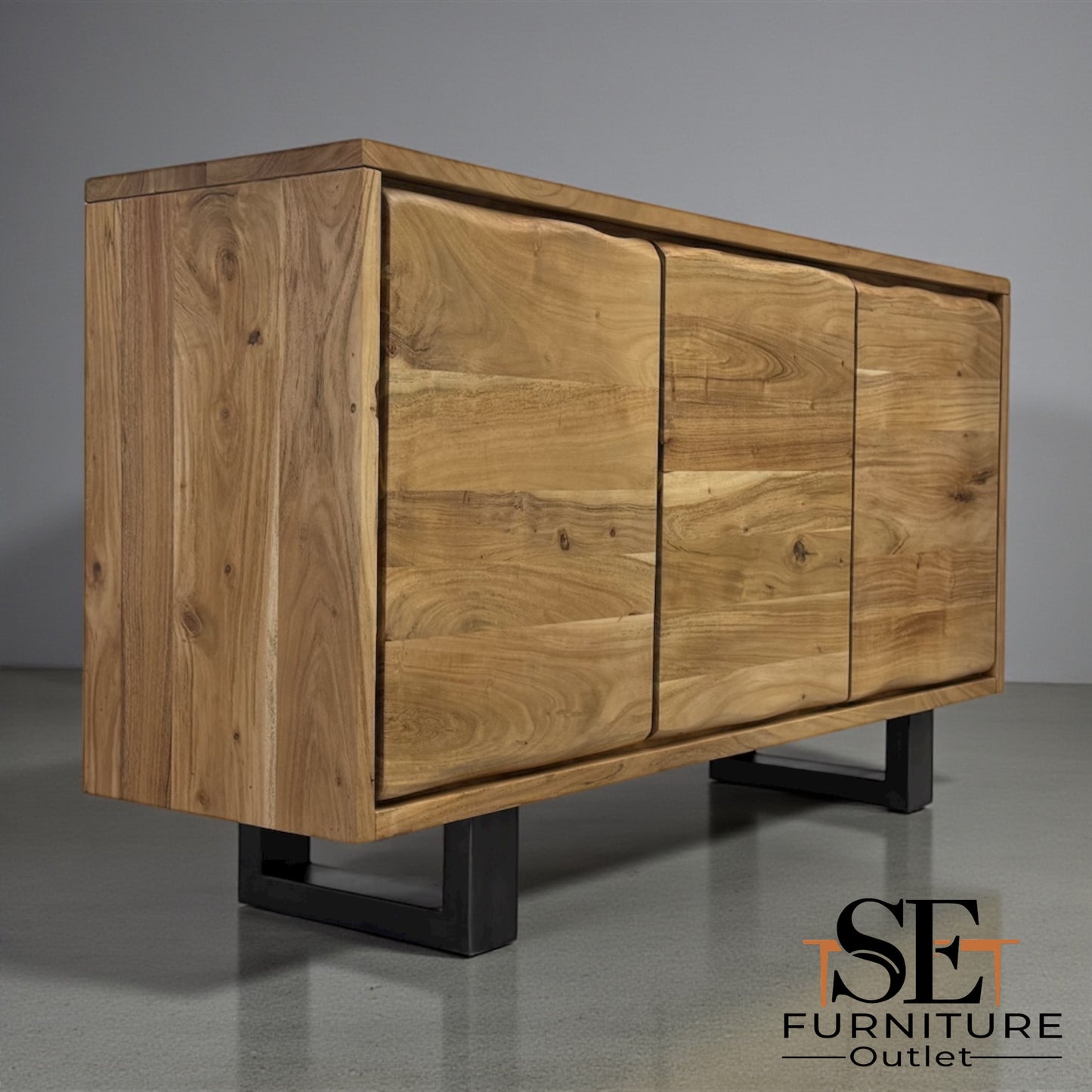 Chunky Solid Acacia Wood Live Edge 3-Door Large Sideboard with Gun Metal Legs RRP £999