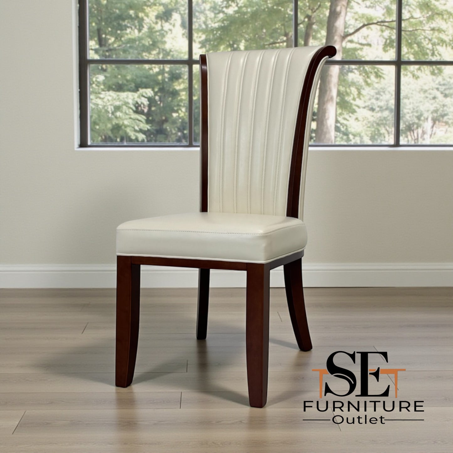 Set of 6 Solid Hardwood Frame & Cream Faux Leather High-back Dining Chairs