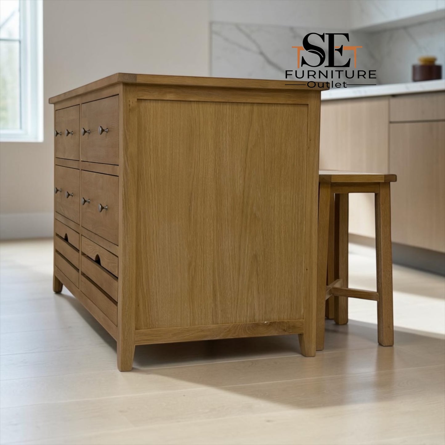 Whitewashed Finish Solid Oak & Oak Veneer Breakfast Bar Island & Stools Set, Inglesham Range, RRP £1250