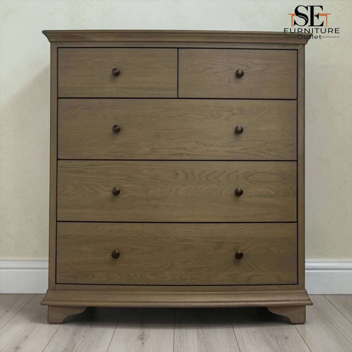 Solid Oak & Oak Veneer 5 Drawer Chest, Winchcombe Smoked Oak Range RRP £899