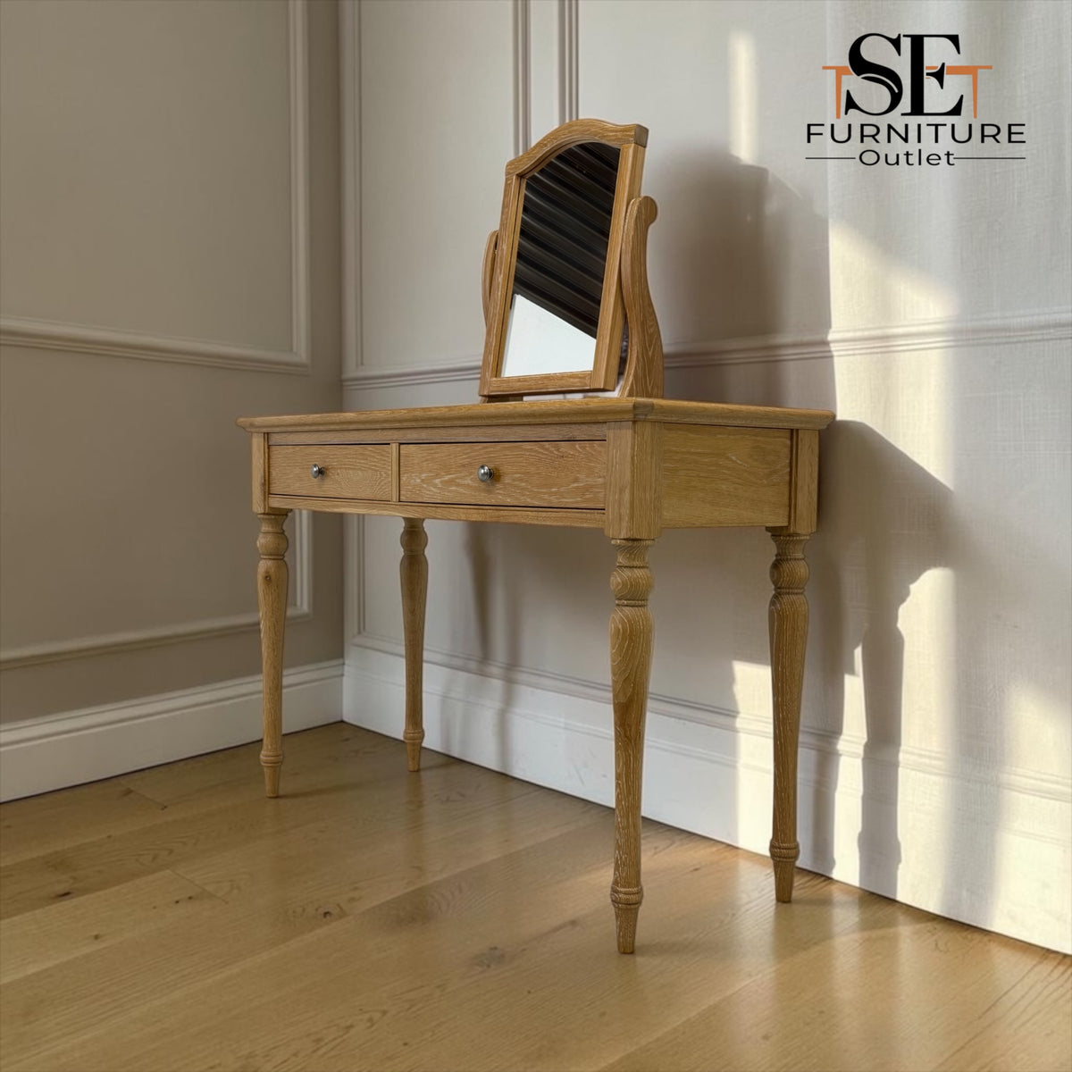 Whitewashed Finish Solid Oak & Oak Veneer Dressing Table with Mirror RRP £649
