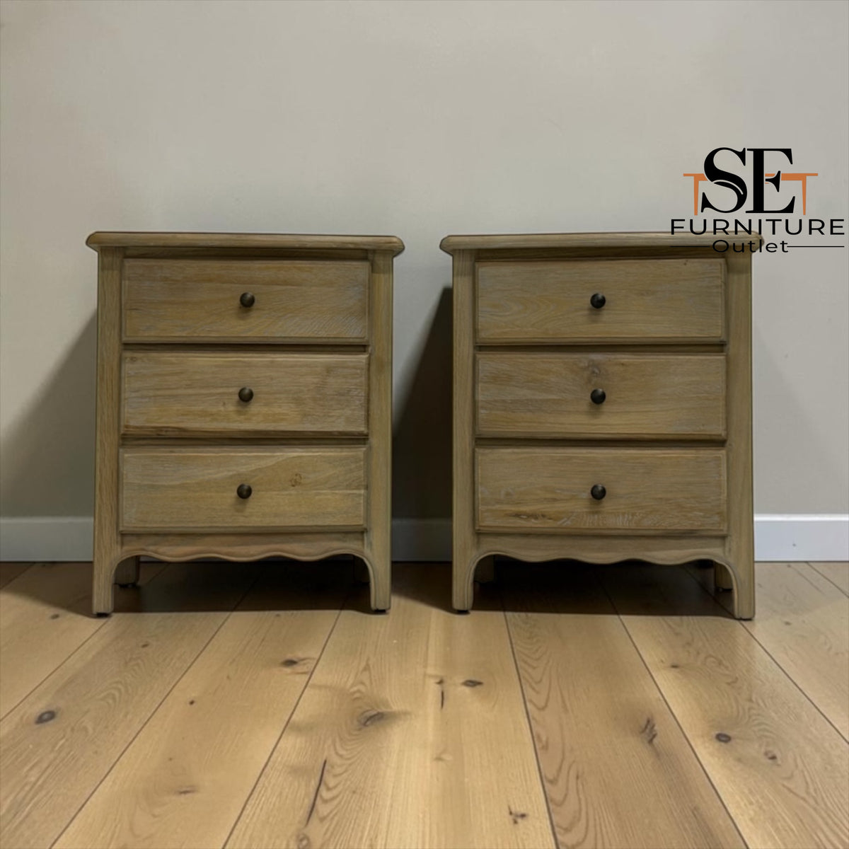 Grey-toned Limewashed Finish Solid Oak & High-Quality Oak Veneer Bedside Tables, Camille Range RRP £799