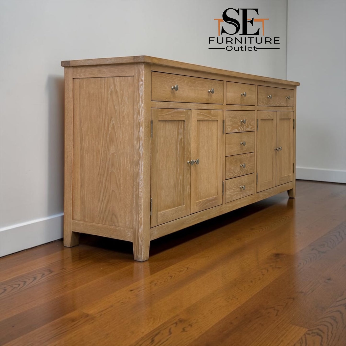 Solid Oak Frames with Oak Veneer Whitewashed Finish Grand Sideboard, Inglesham Range RRP £1200
