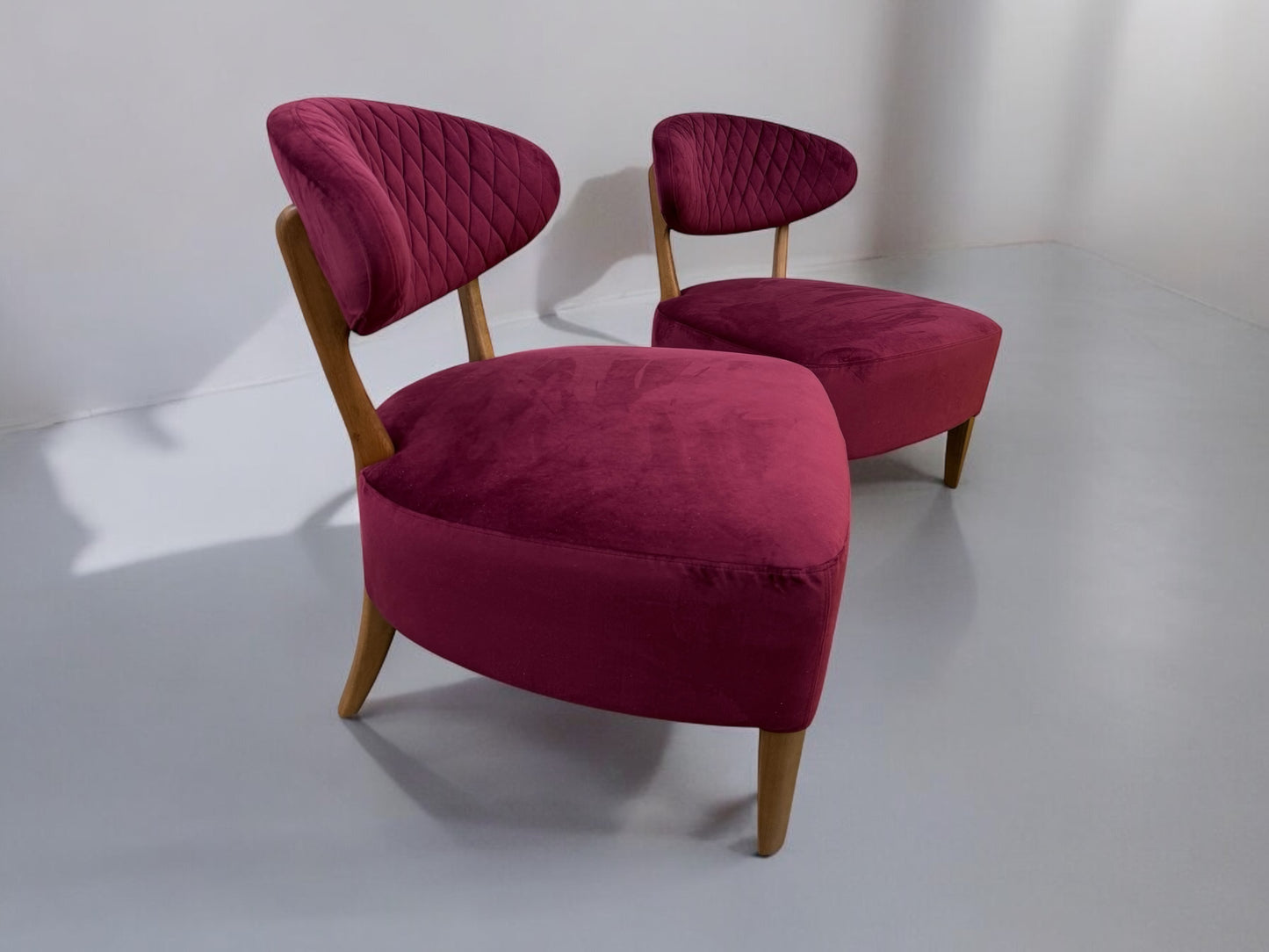 Pair Of Crimson Velvet Fabric Casual Chairs With Solid Oak Frame