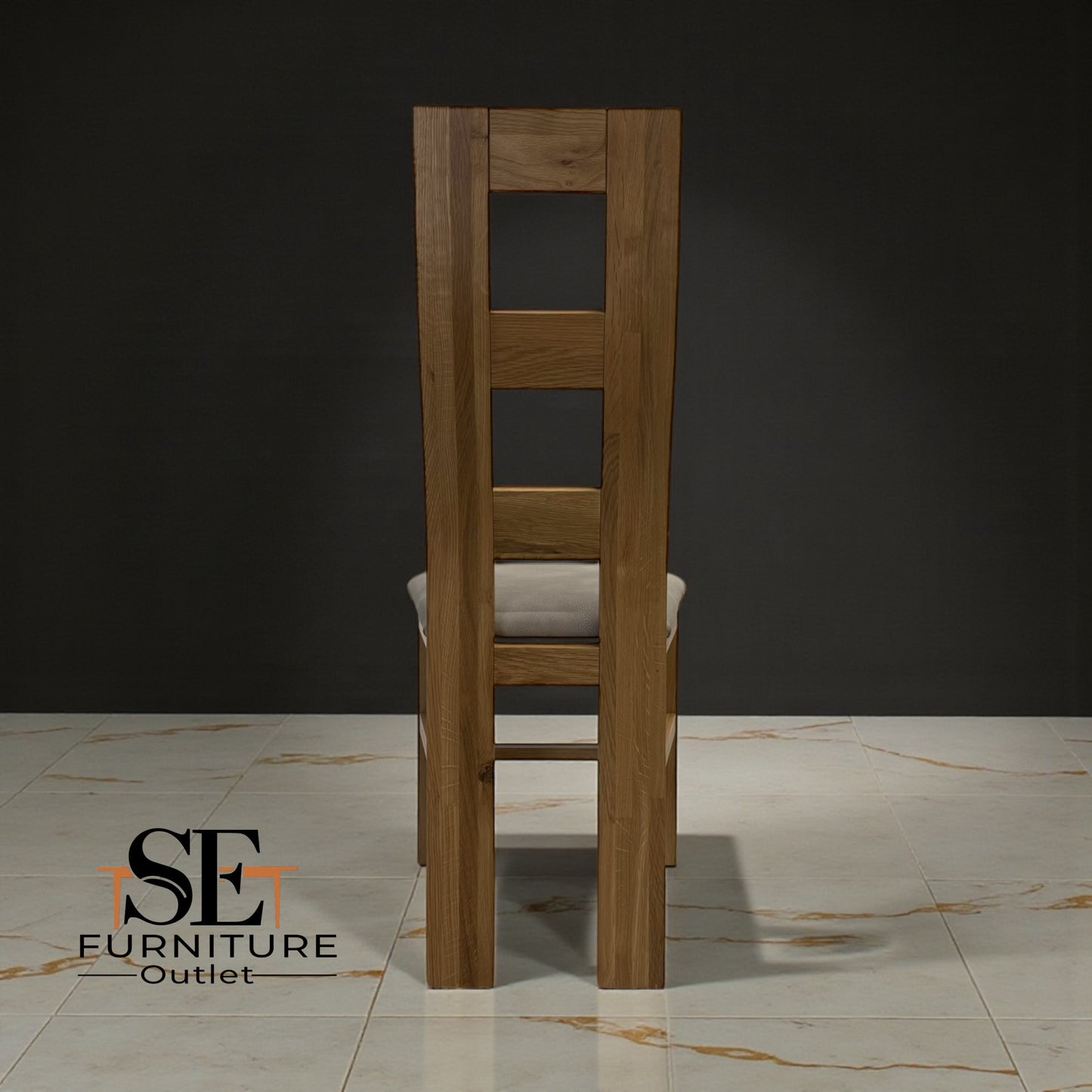 Set of 6 Natural Solid Oak Dining Chairs with Dappled Beige Fabric Seat Pads, From Oak Furnitureland RRP £200 Each