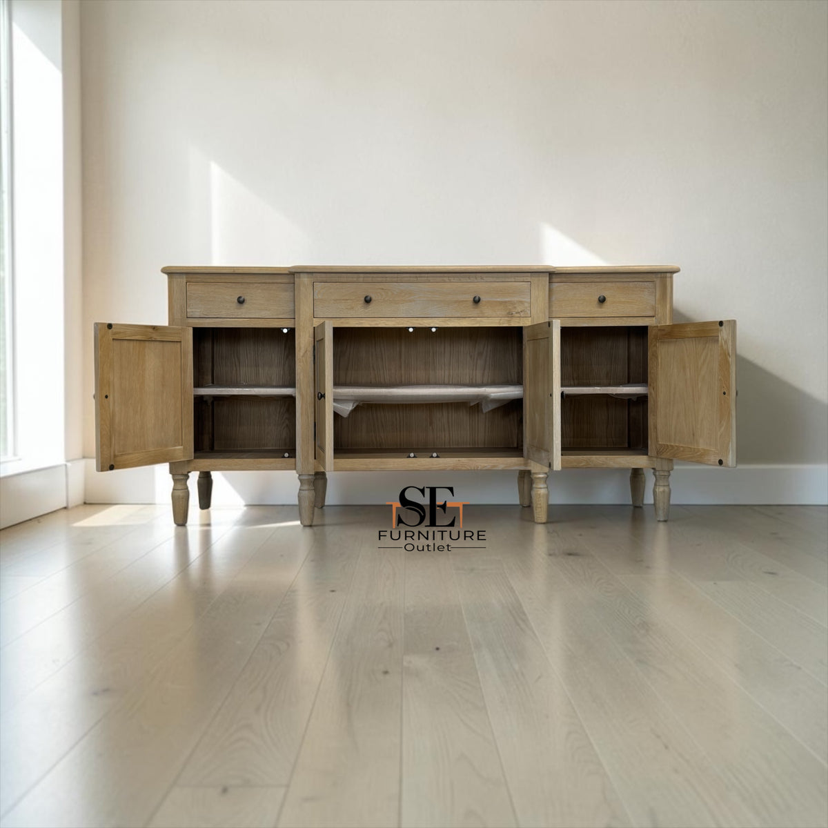 Grey-toned Limewashed Finish Solid Oak & Quality Oak Veneer Extra Large Sideboard, Camille Range, RRP £1400