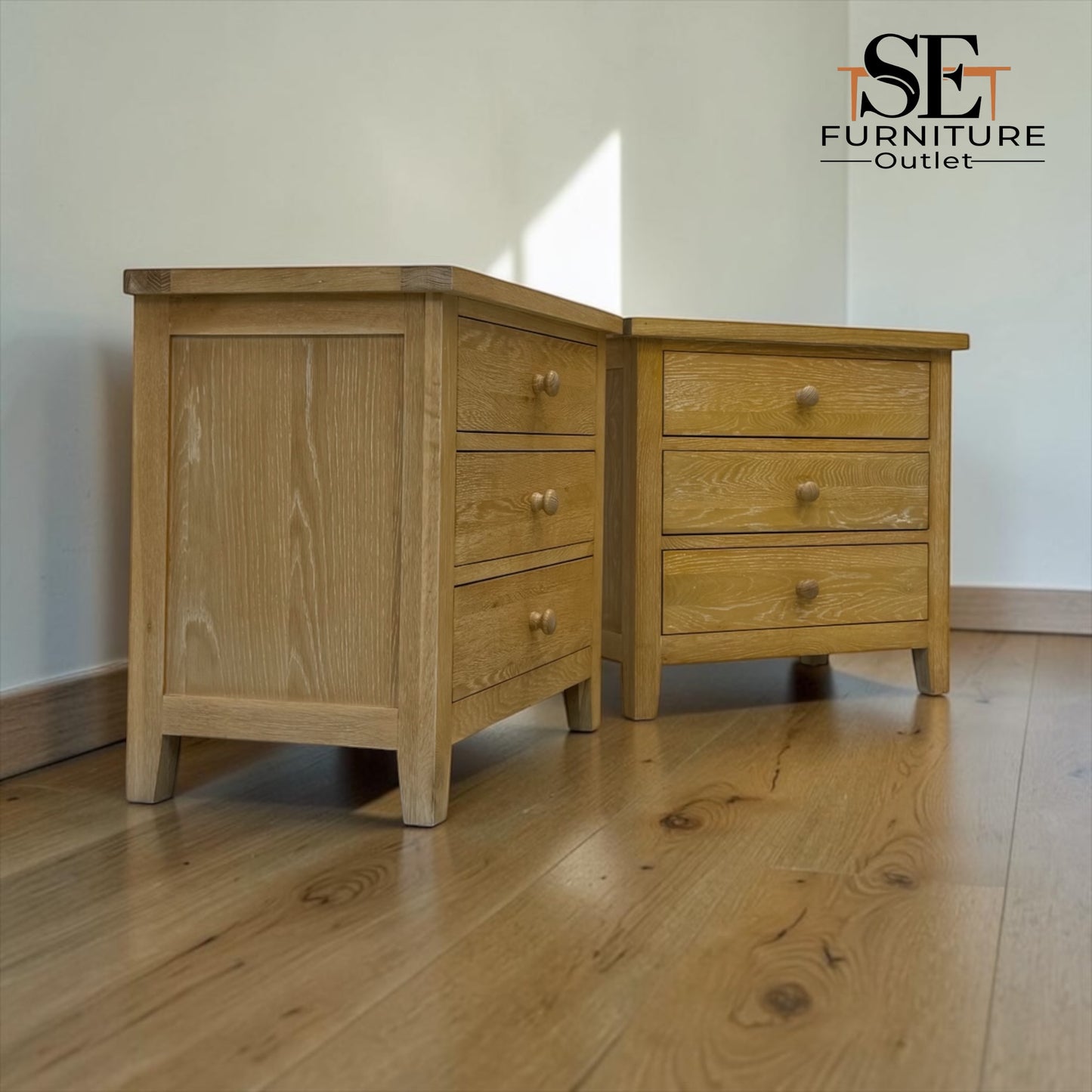 Set of 2 Whitewashed Oak Jumbo Bedside Tables from the Inglesham Range, RRP £700