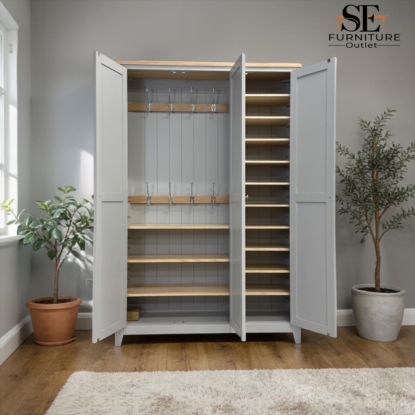 Solid Oak Top & Solid Wood Frames 3 Door Hallway Cupboard, Chester Dove Grey Range RRP £1300
