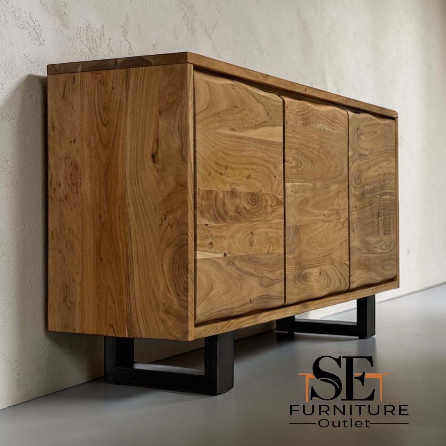 Chunky Solid Acacia Wood Live Edge 3-Door Large Sideboard with Gun Metal Legs RRP £999