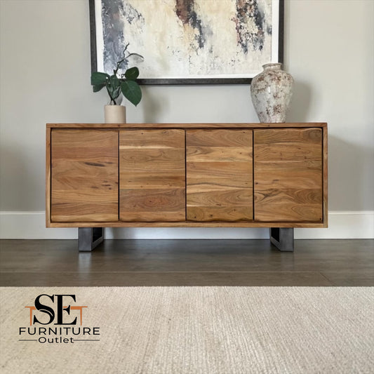 Chunky Solid Acacia Wood Live Edge 4-Door Extra Large Sideboard with Gun Metal Legs RRP £1299